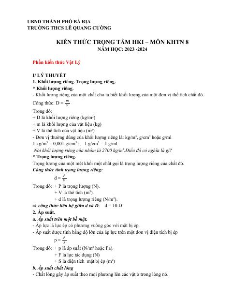Đề cương ôn tập Học kì 1 KHTN 8 năm 2023–2024 trường THCS Lê Quang Cường (Bà Rịa Vũng Tàu)